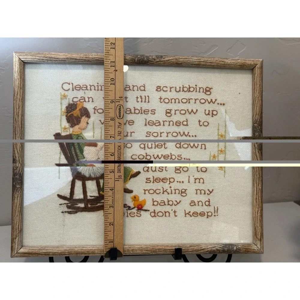 Vintage Babies Don't Keep Crewel Embroidery Framed 15x12 Wall Art 1970s Estate